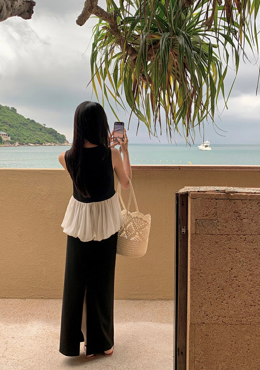 黑白撞色荷葉邊無袖背心