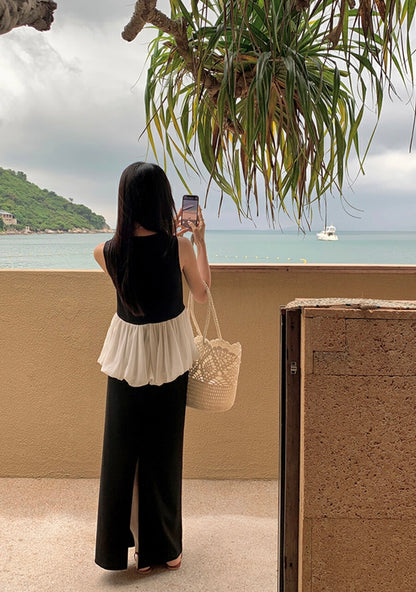 黑白撞色荷葉邊無袖背心