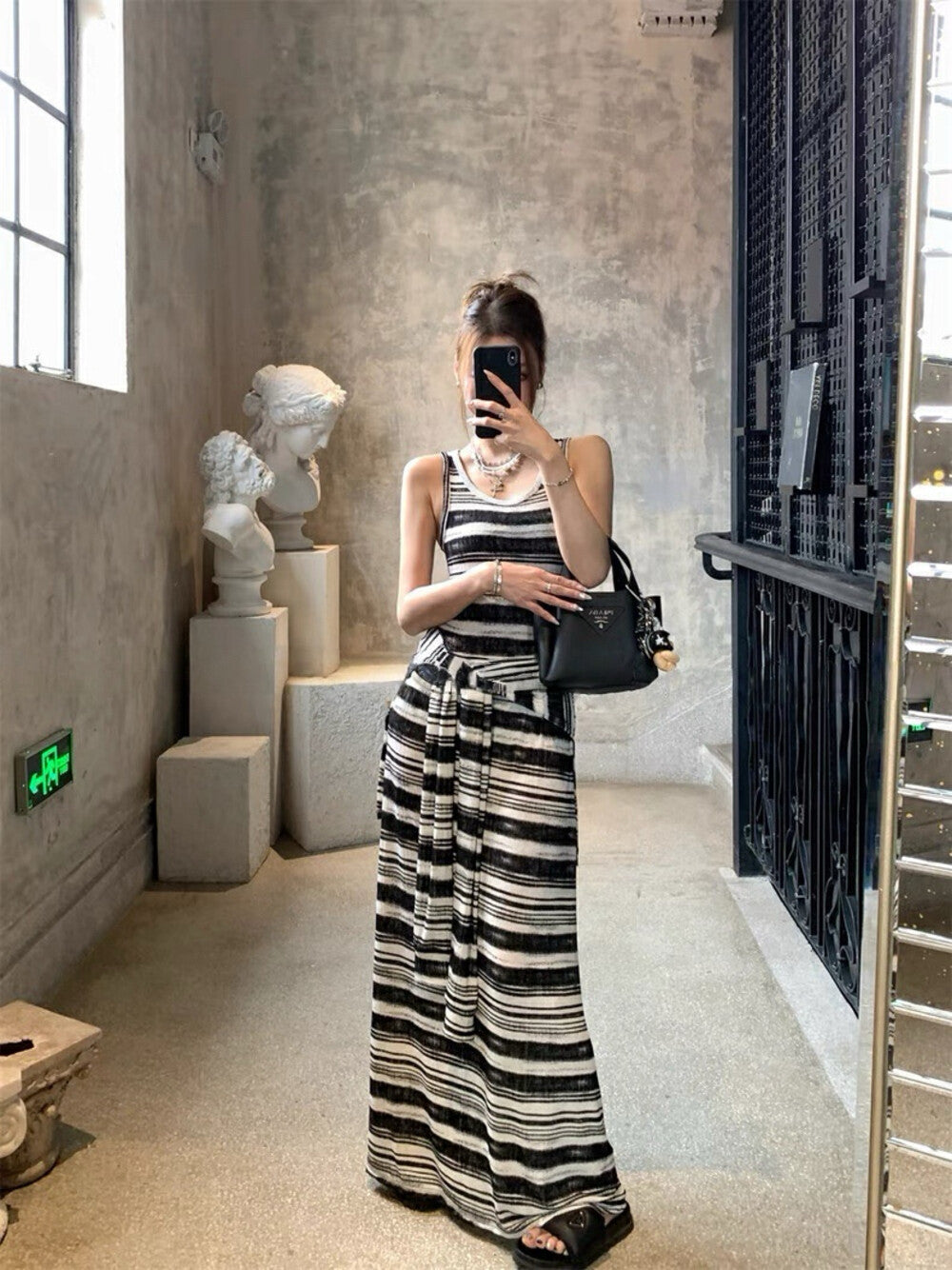 Striped Tie-Belt Layered Tank Dress