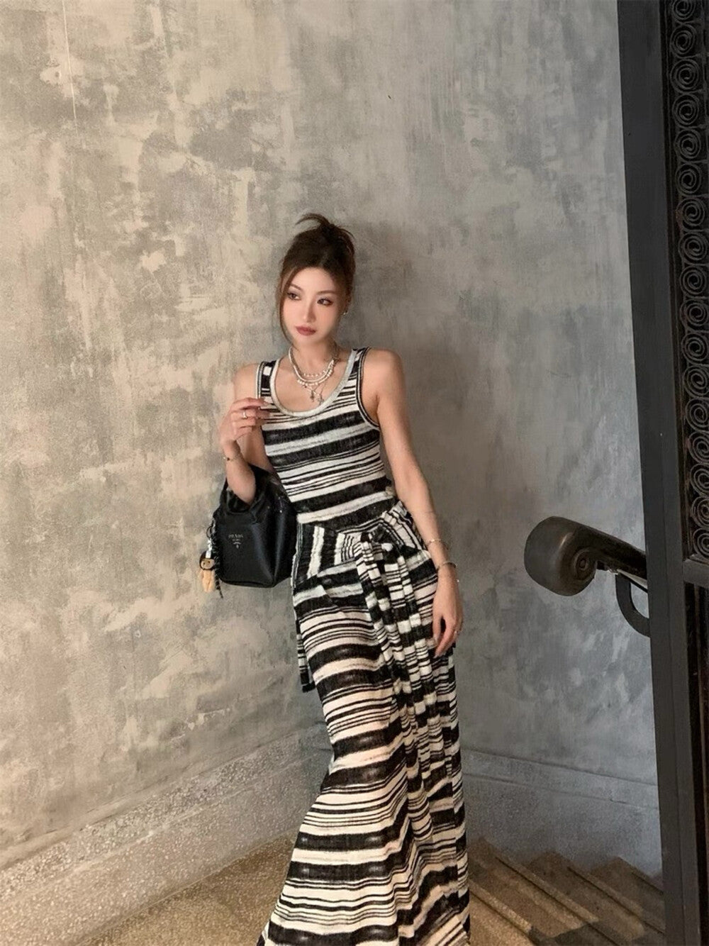 Striped Tie-Belt Layered Tank Dress