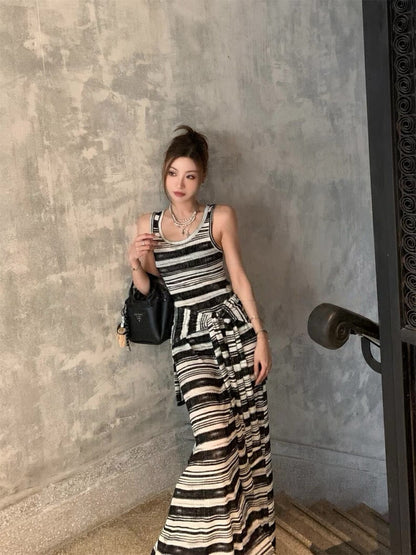 Striped Tie-Belt Layered Tank Dress