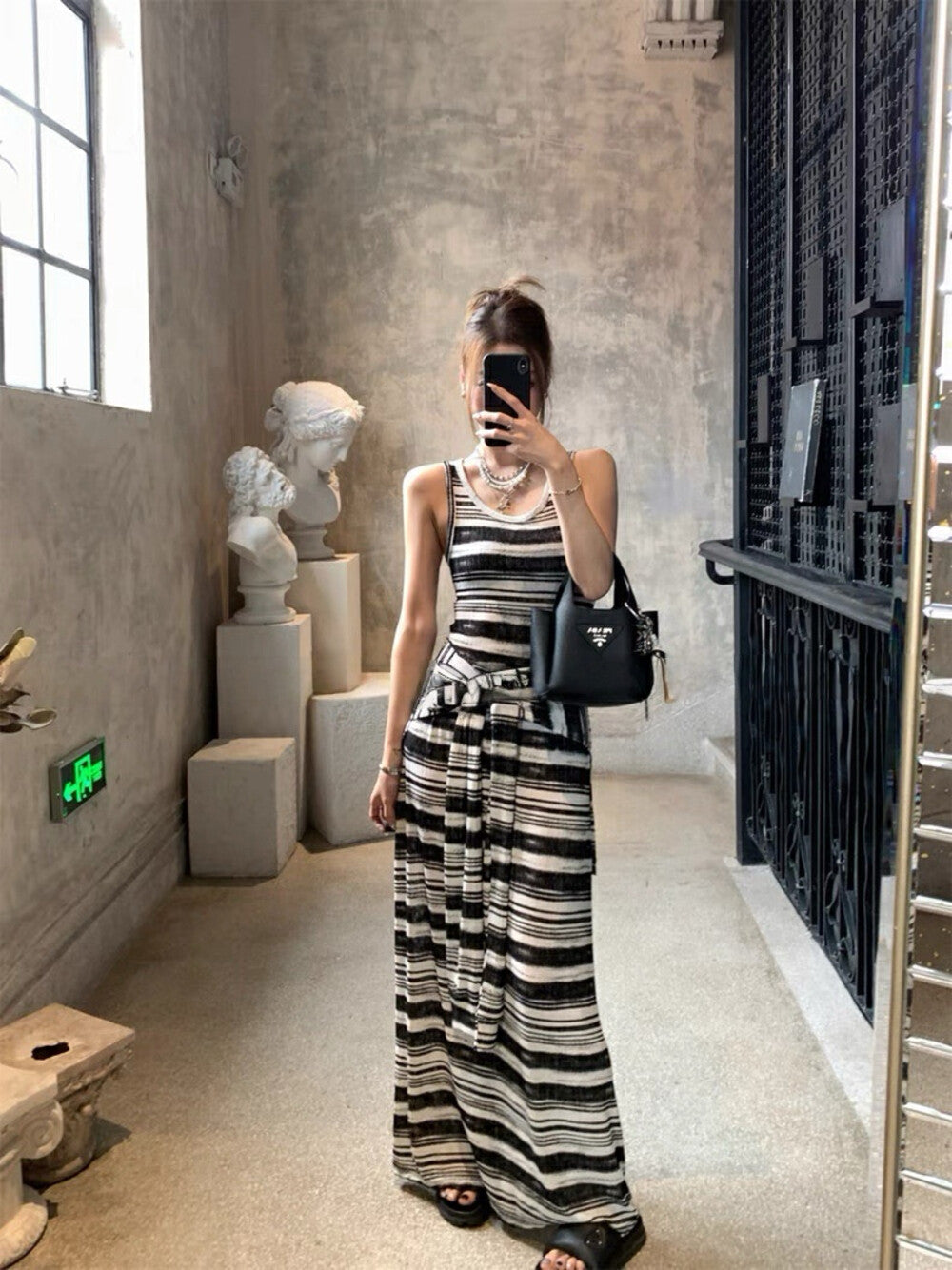 Striped Tie-Belt Layered Tank Dress