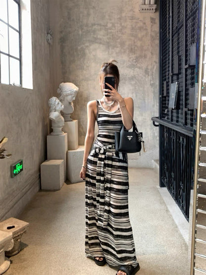 Striped Tie-Belt Layered Tank Dress