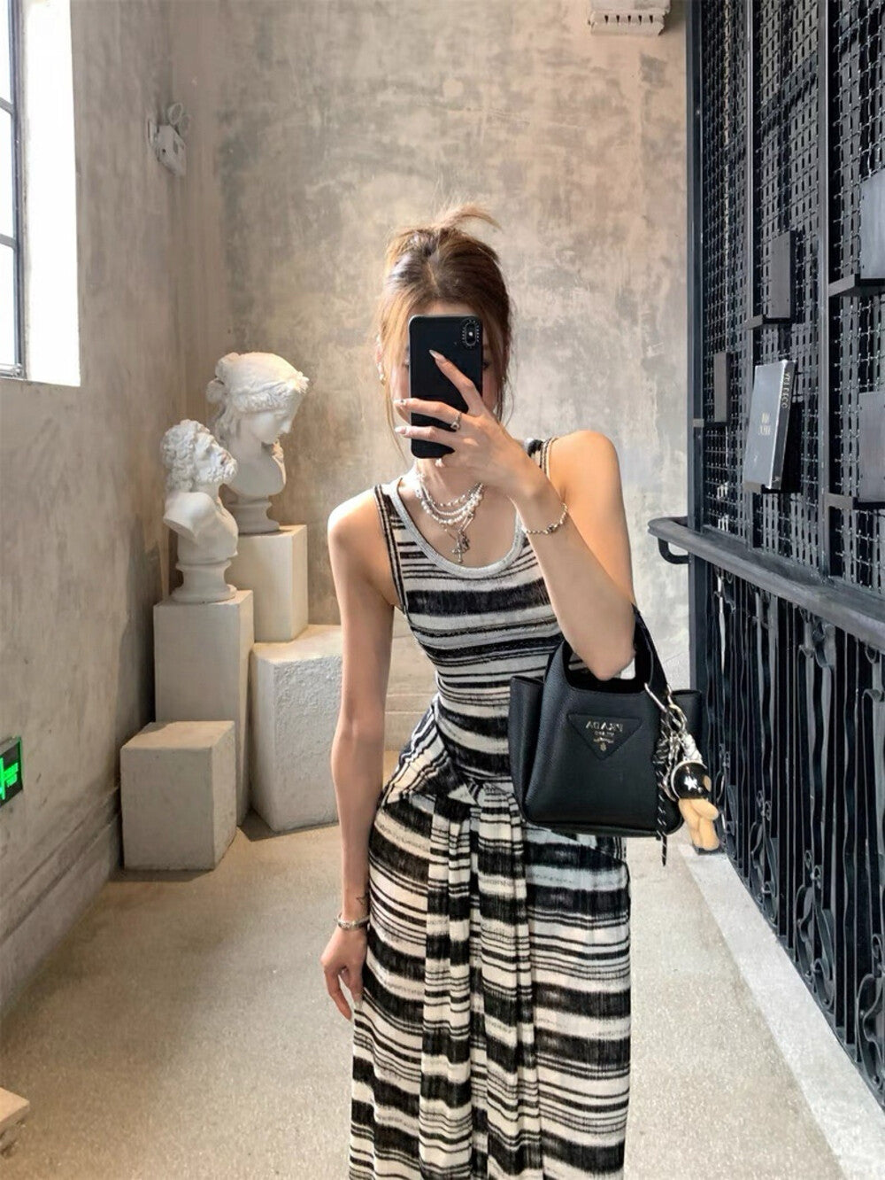 Striped Tie-Belt Layered Tank Dress