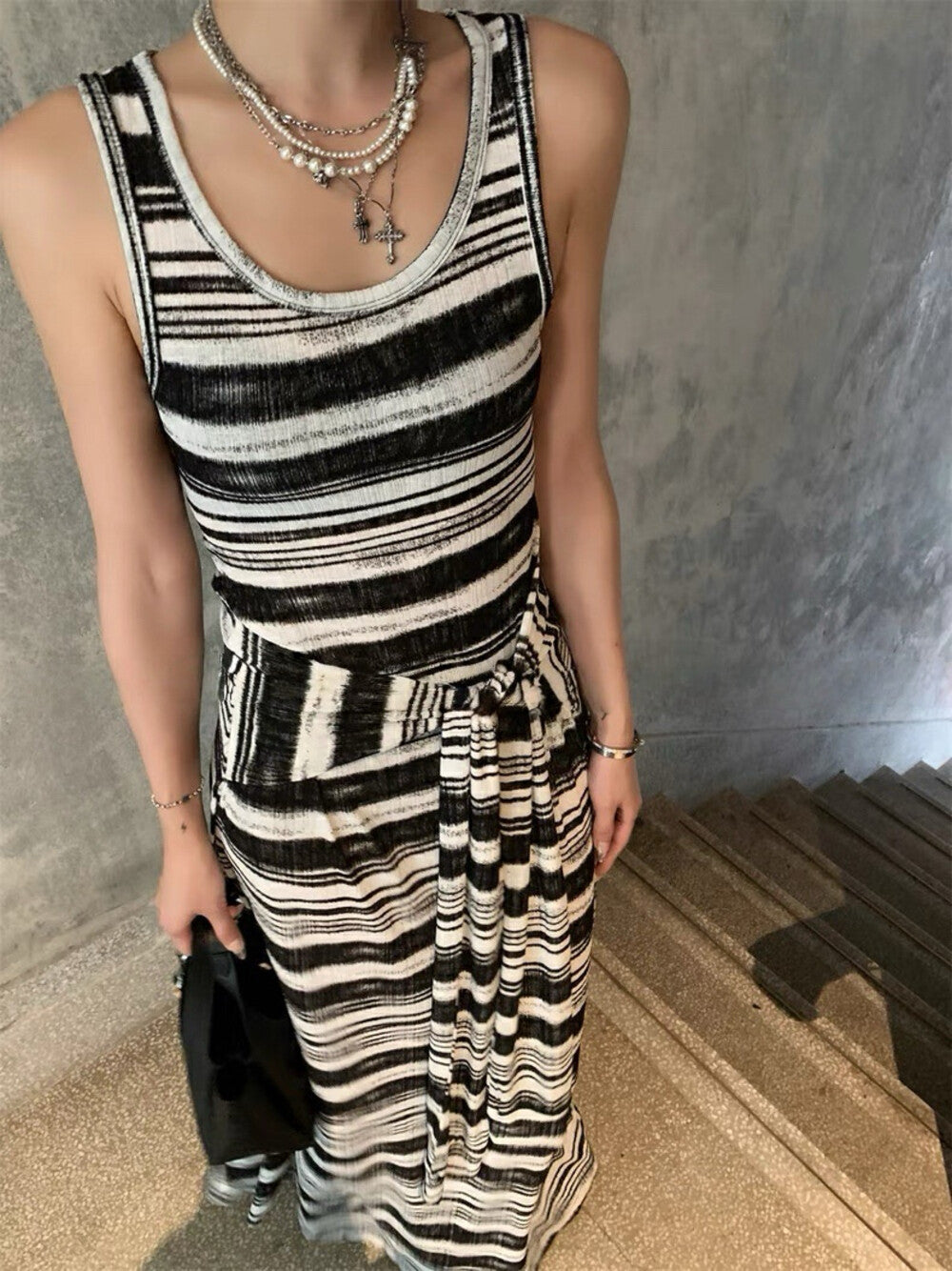 Striped Tie-Belt Layered Tank Dress