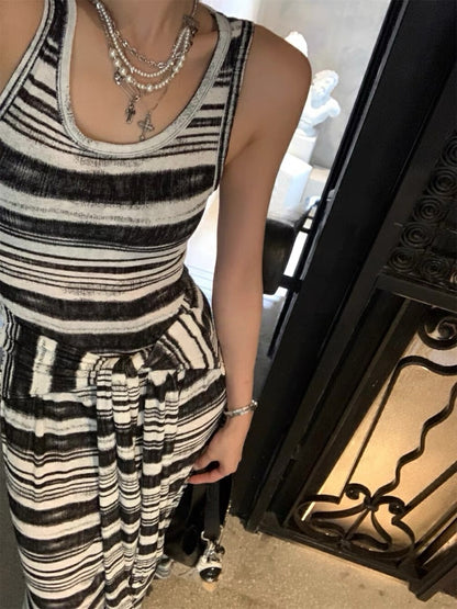 Striped Tie-Belt Layered Tank Dress