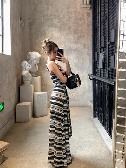 Striped Tie-Belt Layered Tank Dress