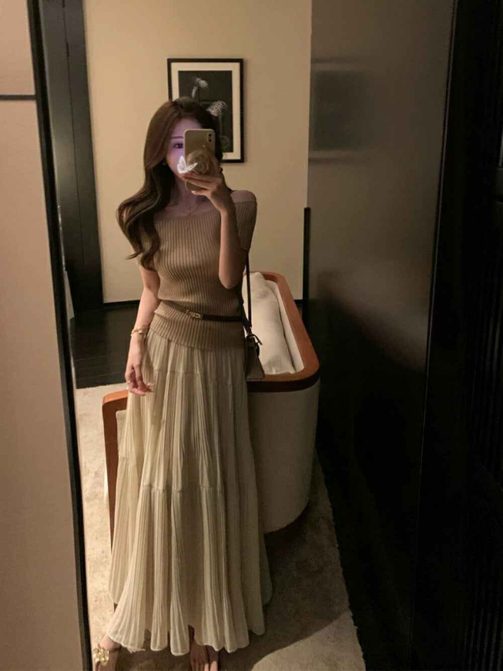 Off-shoulder Slim-fit Short Sleeve Top + High-waisted Flared A-line Skirt Set