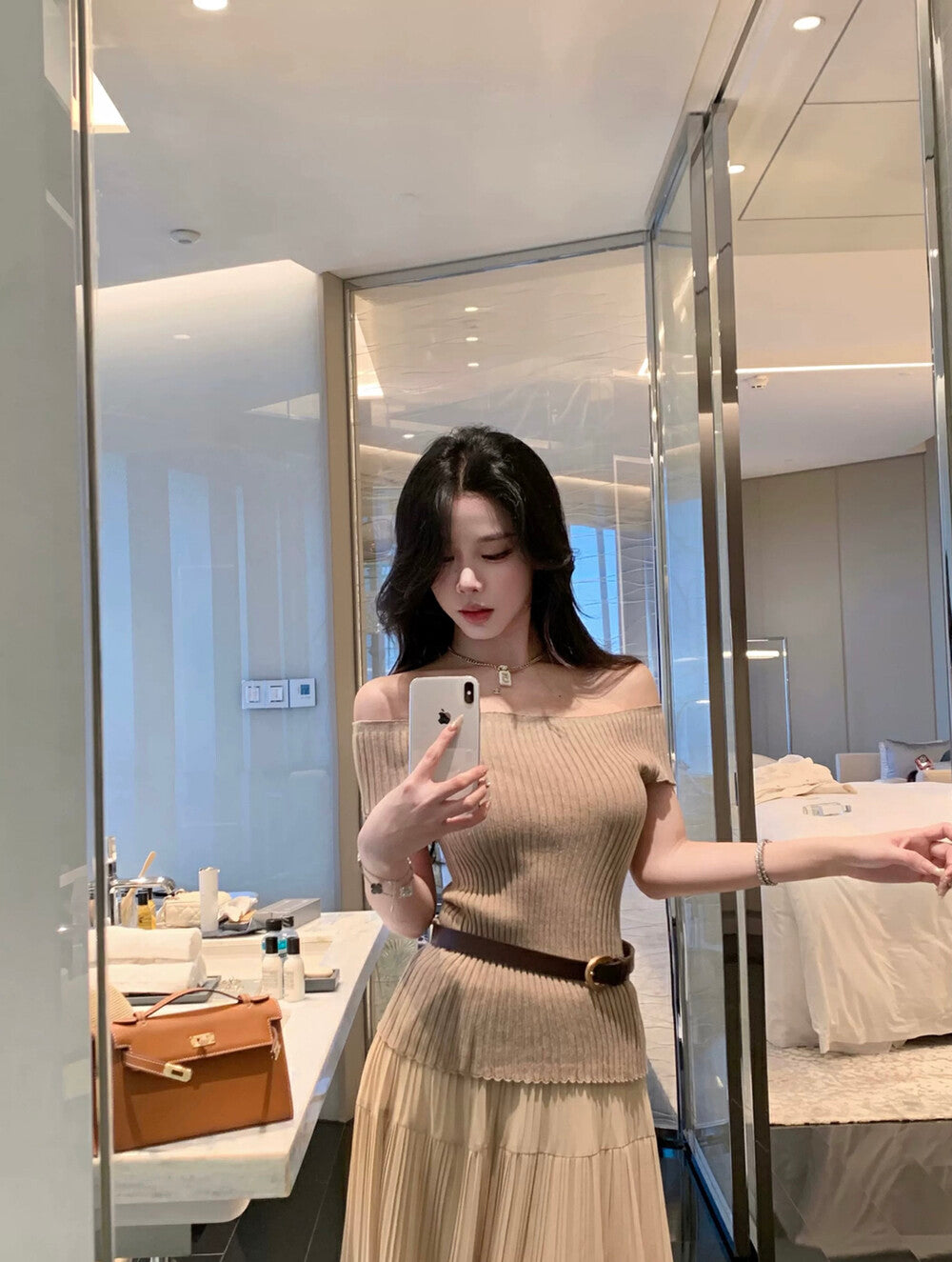 Off-shoulder Slim-fit Short Sleeve Top + High-waisted Flared A-line Skirt Set