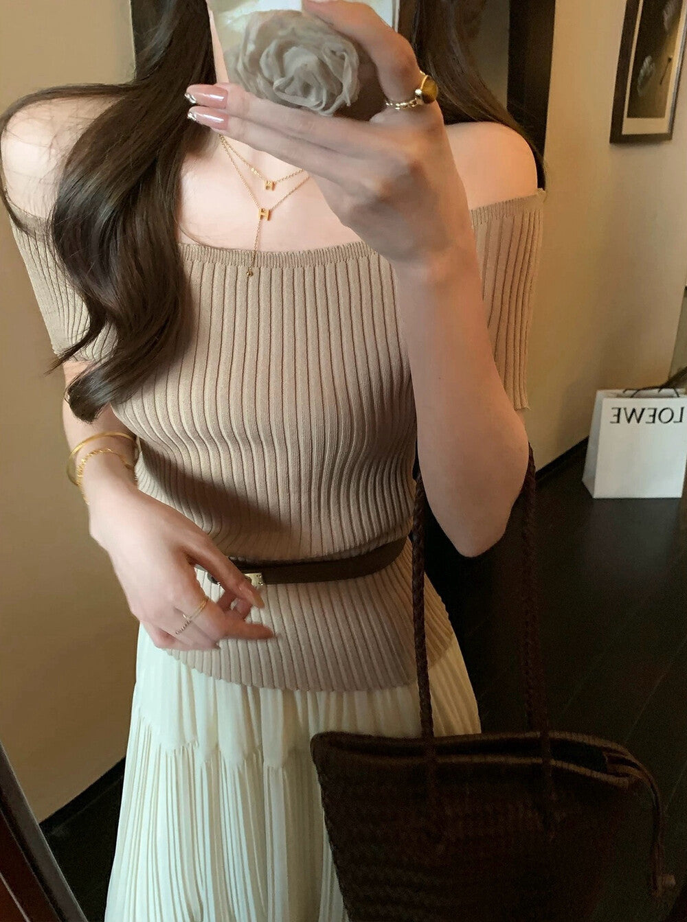 Off-shoulder Slim-fit Short Sleeve Top + High-waisted Flared A-line Skirt Set