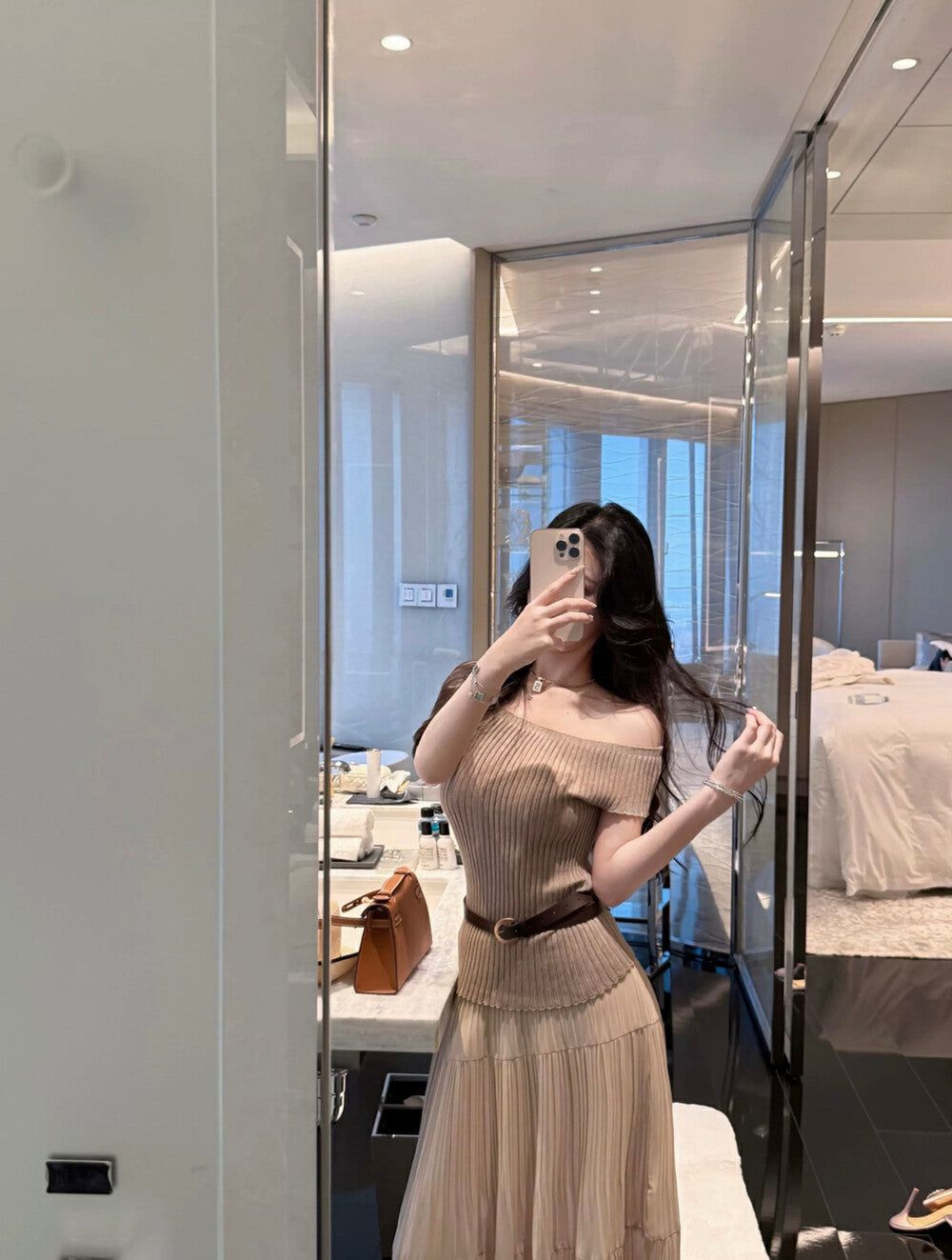 Off-shoulder Slim-fit Short Sleeve Top + High-waisted Flared A-line Skirt Set