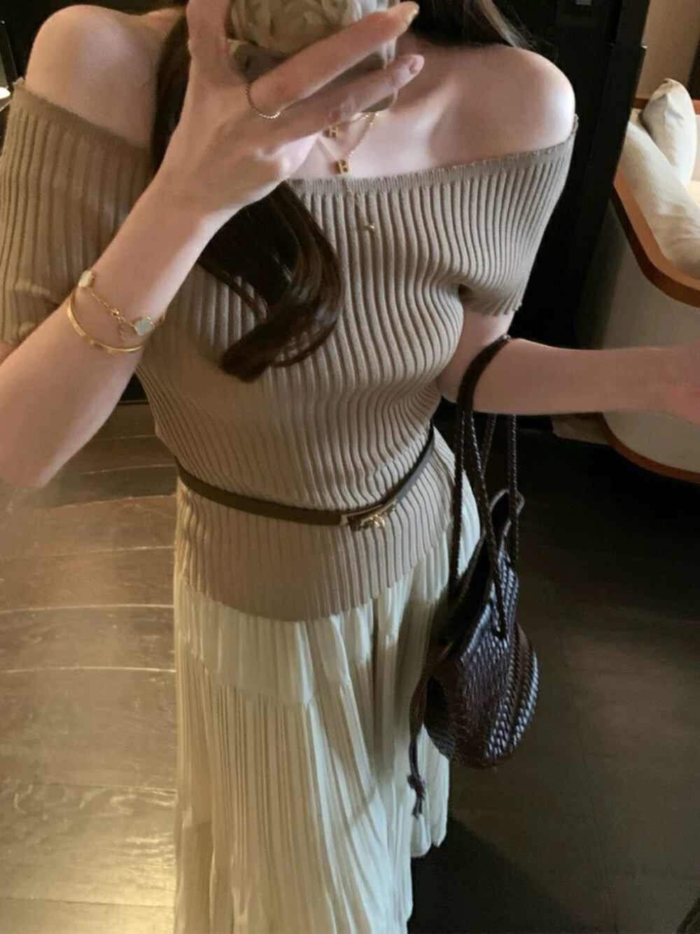 Off-shoulder Slim-fit Short Sleeve Top + High-waisted Flared A-line Skirt Set