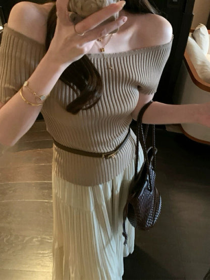 Off-shoulder Slim-fit Short Sleeve Top + High-waisted Flared A-line Skirt Set