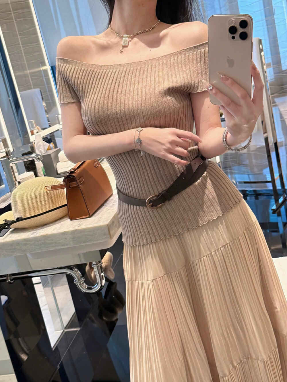 Off-shoulder Slim-fit Short Sleeve Top + High-waisted Flared A-line Skirt Set