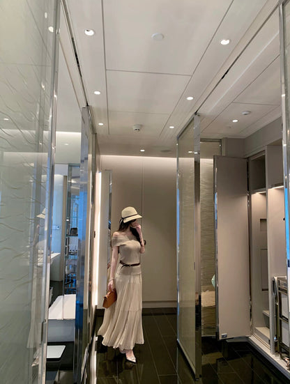 Off-shoulder Slim-fit Short Sleeve Top + High-waisted Flared A-line Skirt Set