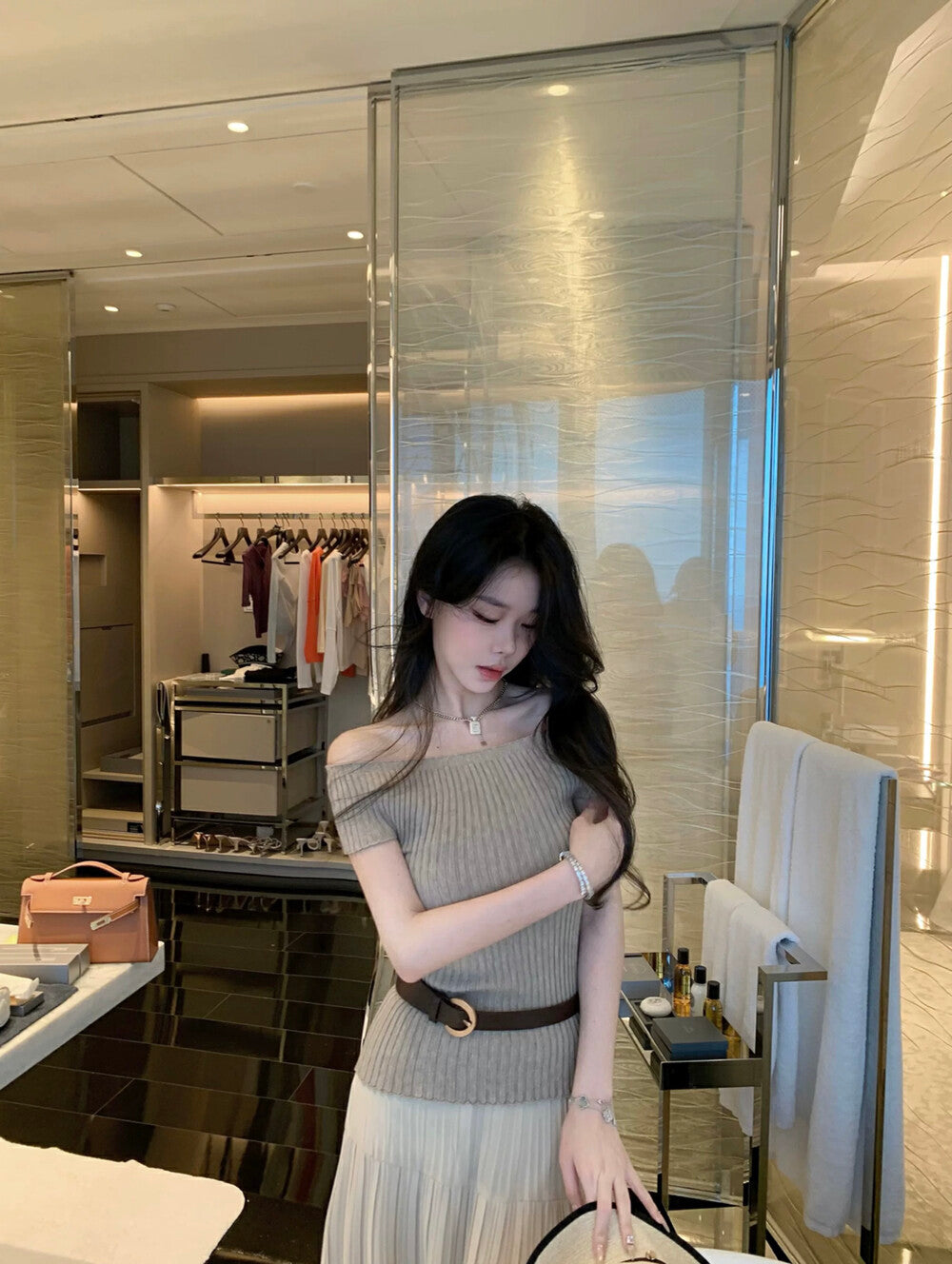 Off-shoulder Slim-fit Short Sleeve Top + High-waisted Flared A-line Skirt Set