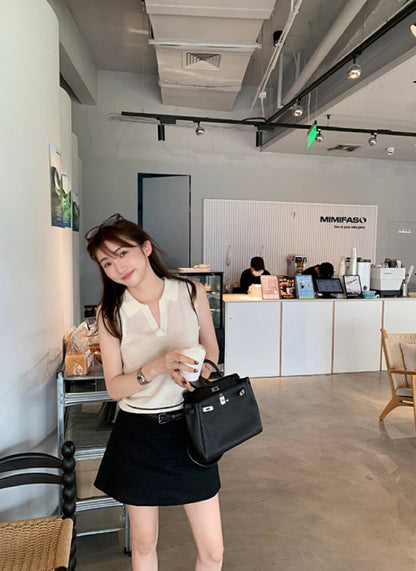 V領條紋撞色無袖針織馬甲