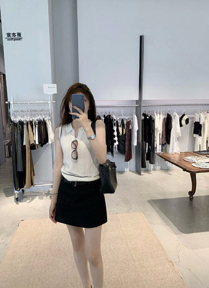 V領條紋撞色無袖針織馬甲