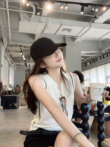 V領條紋撞色無袖針織馬甲