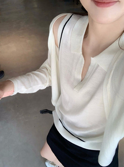 V領條紋撞色無袖針織馬甲