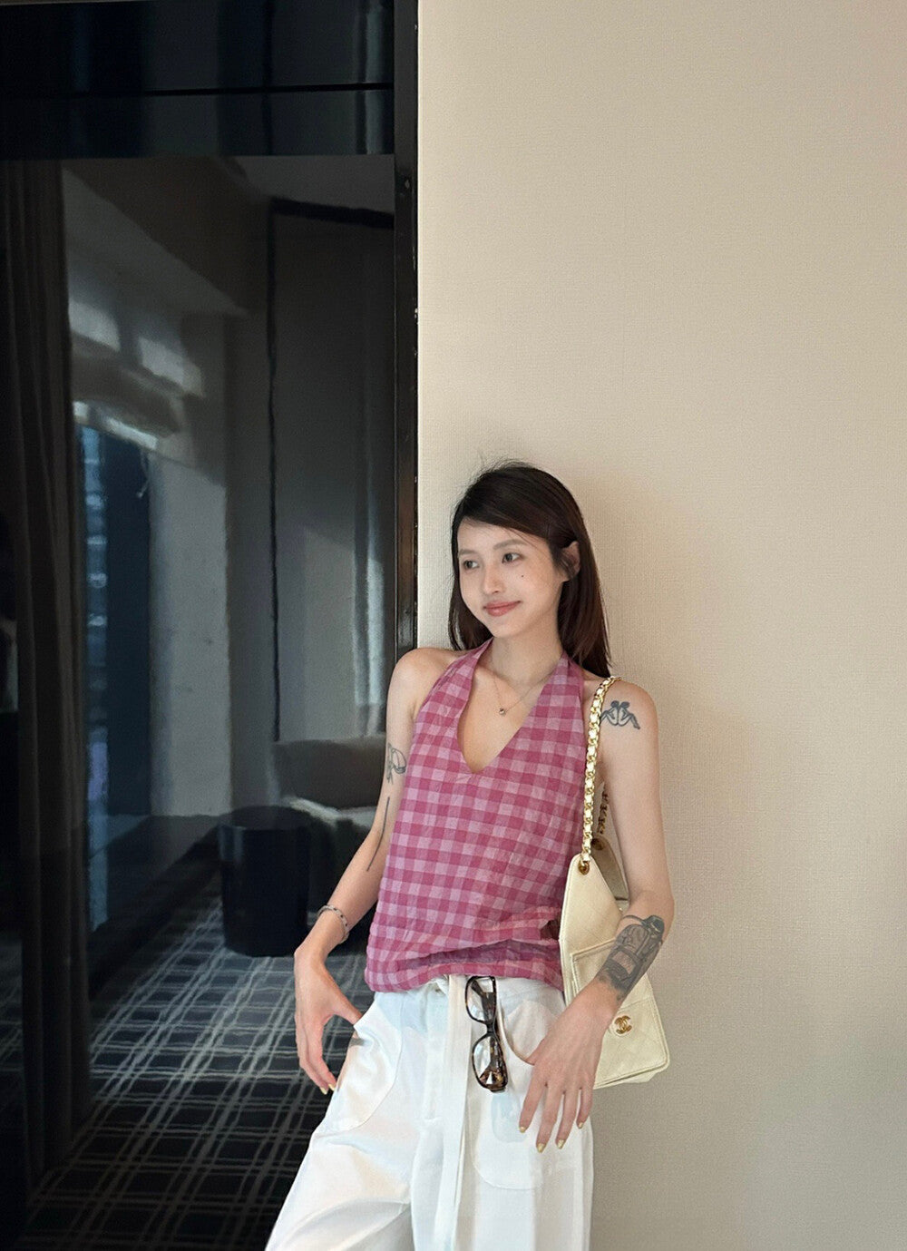 Halter Neck Plaid Tie-Back Backless Tank Top