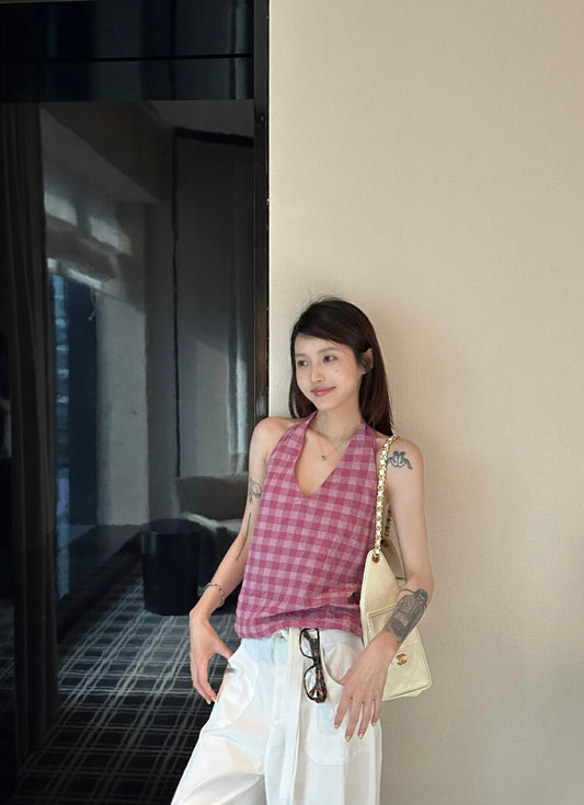 Halter Neck Plaid Tie-Back Backless Tank Top