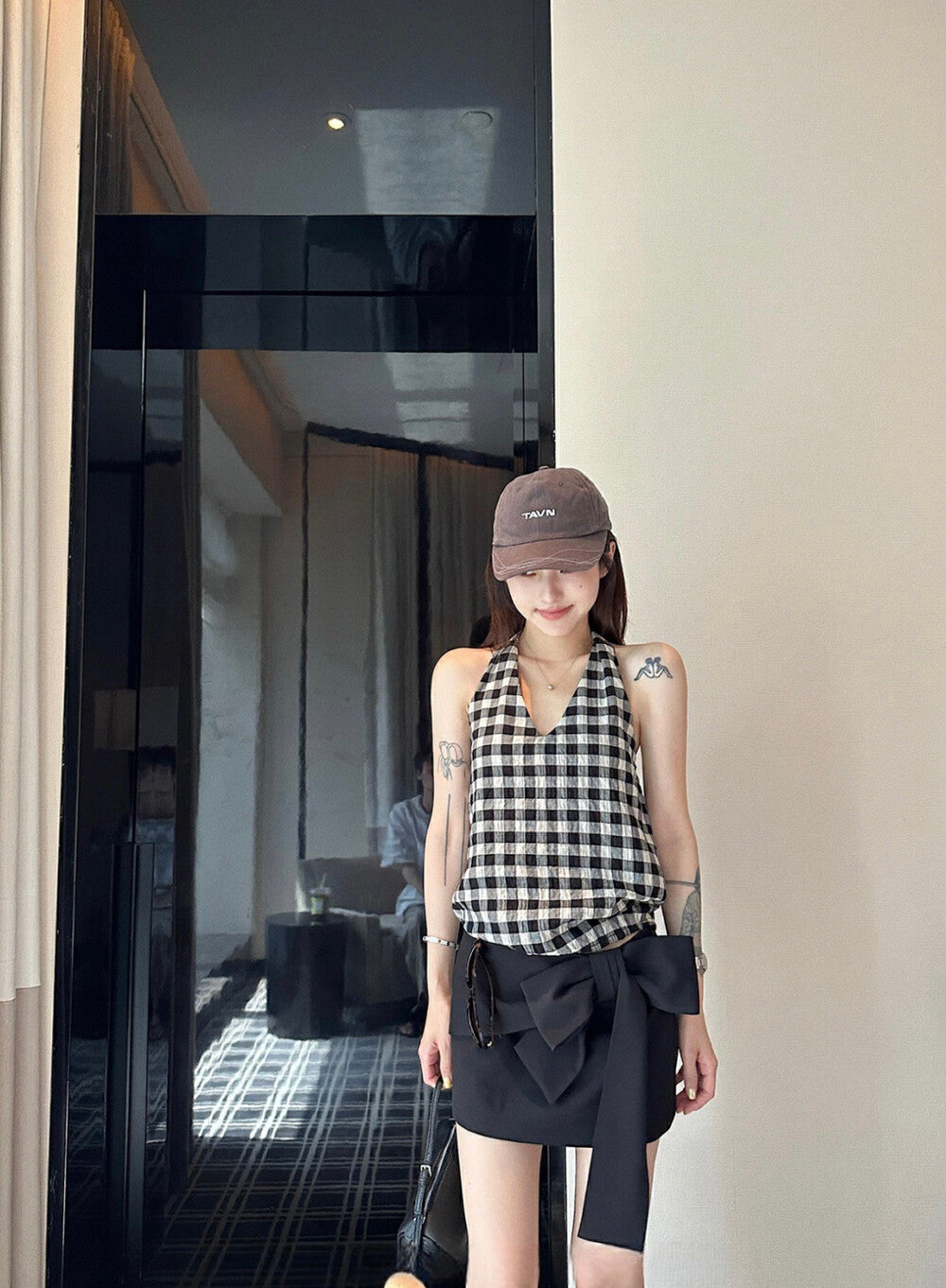 Halter Neck Plaid Tie-Back Backless Tank Top