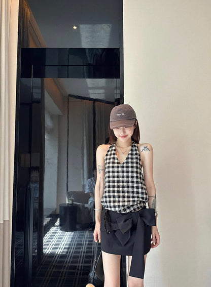 Halter Neck Plaid Tie-Back Backless Tank Top