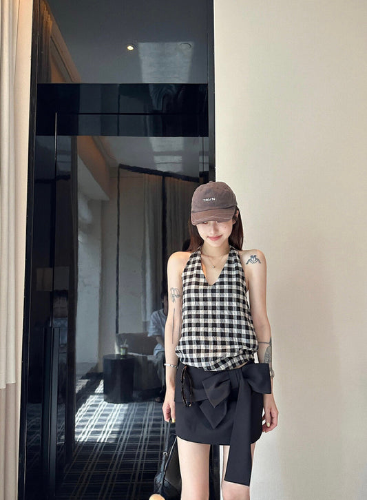 掛脖格紋系帶露背背心