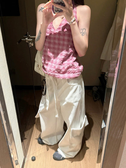 Halter Neck Plaid Tie-Back Backless Tank Top