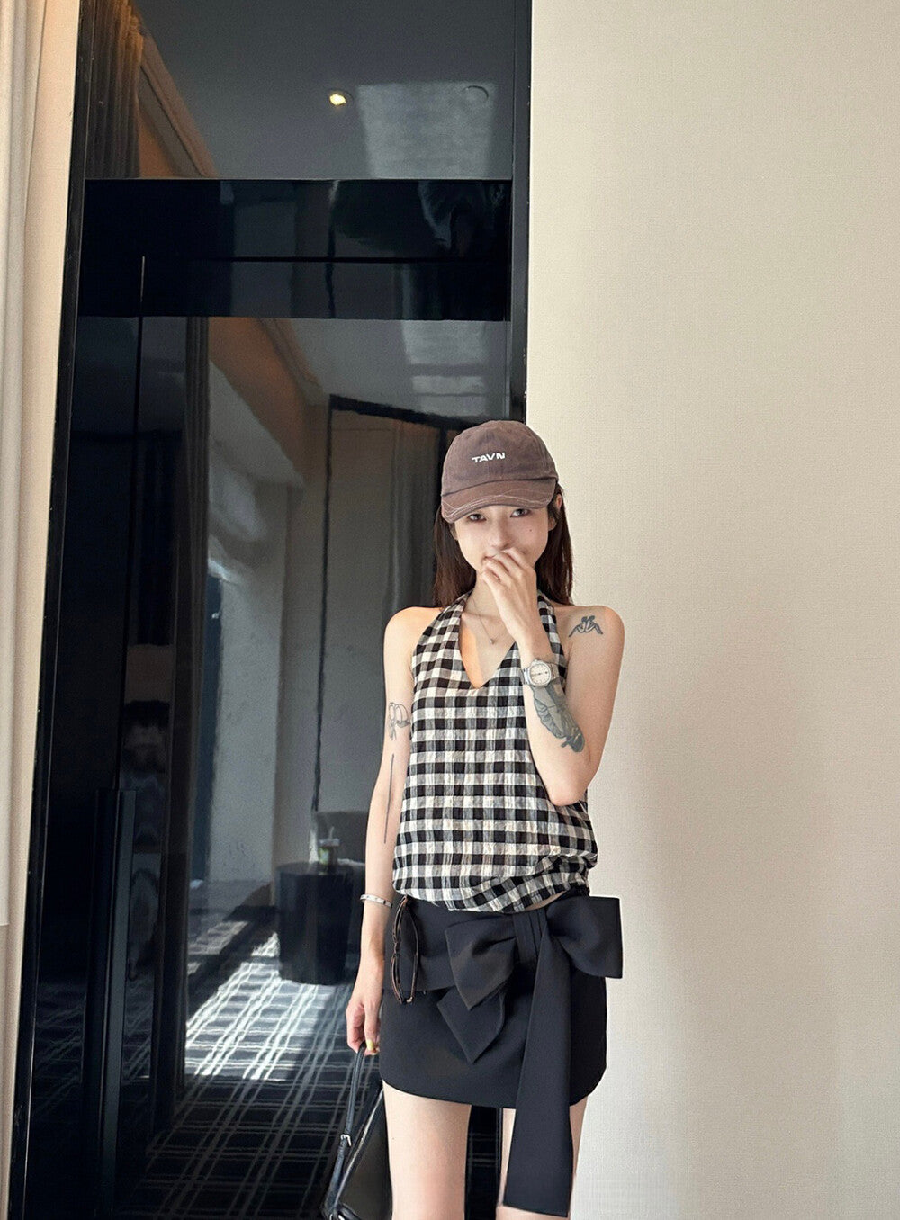 Halter Neck Plaid Tie-Back Backless Tank Top