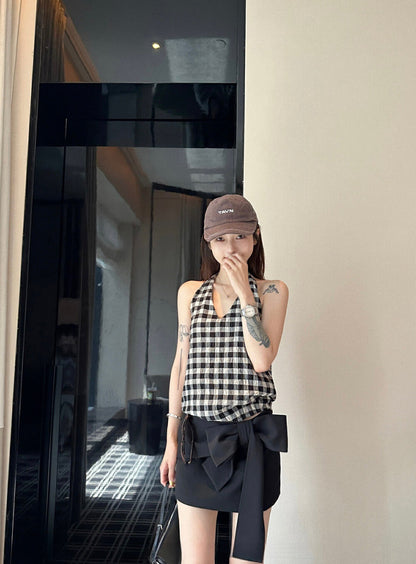 Halter Neck Plaid Tie-Back Backless Tank Top