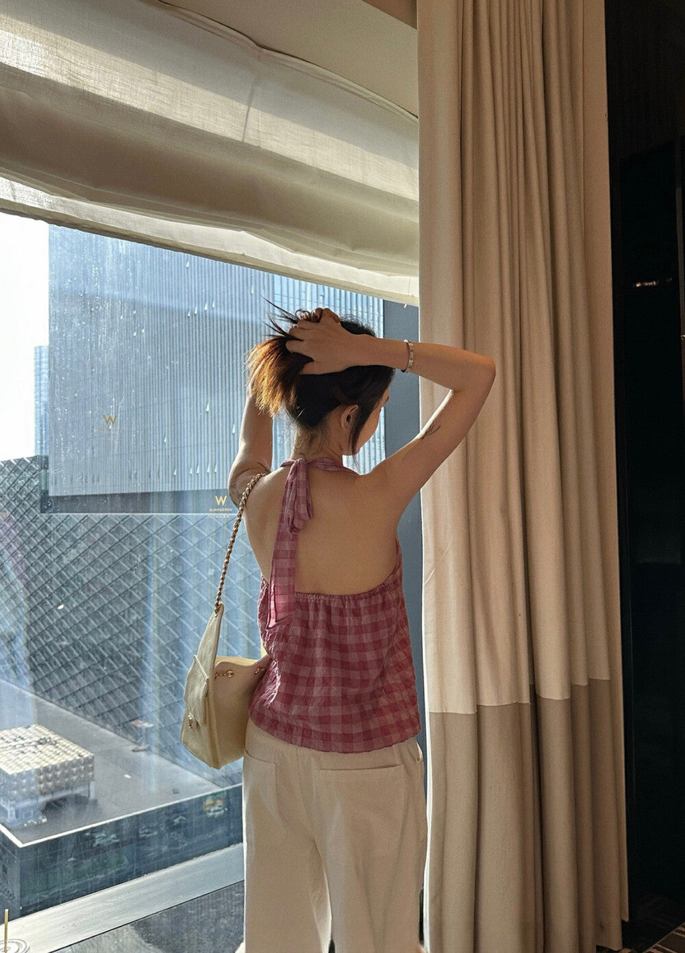 Halter Neck Plaid Tie-Back Backless Tank Top