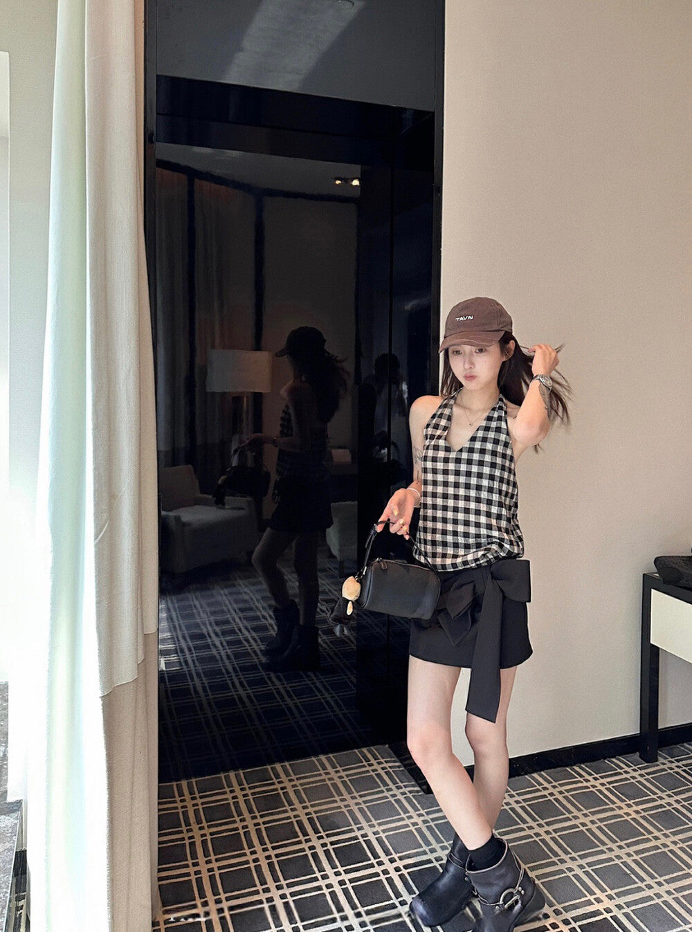 Halter Neck Plaid Tie-Back Backless Tank Top