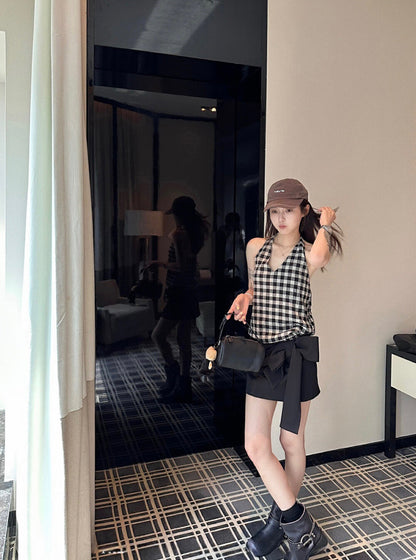 Halter Neck Plaid Tie-Back Backless Tank Top