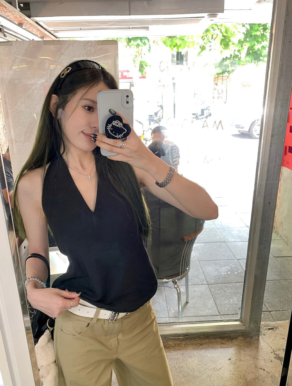 Halter Neck Plaid Tie-Back Backless Tank Top