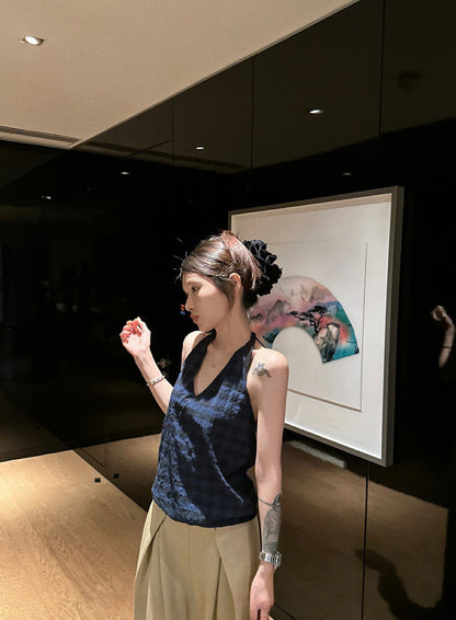 Halter Neck Plaid Tie-Back Backless Tank Top