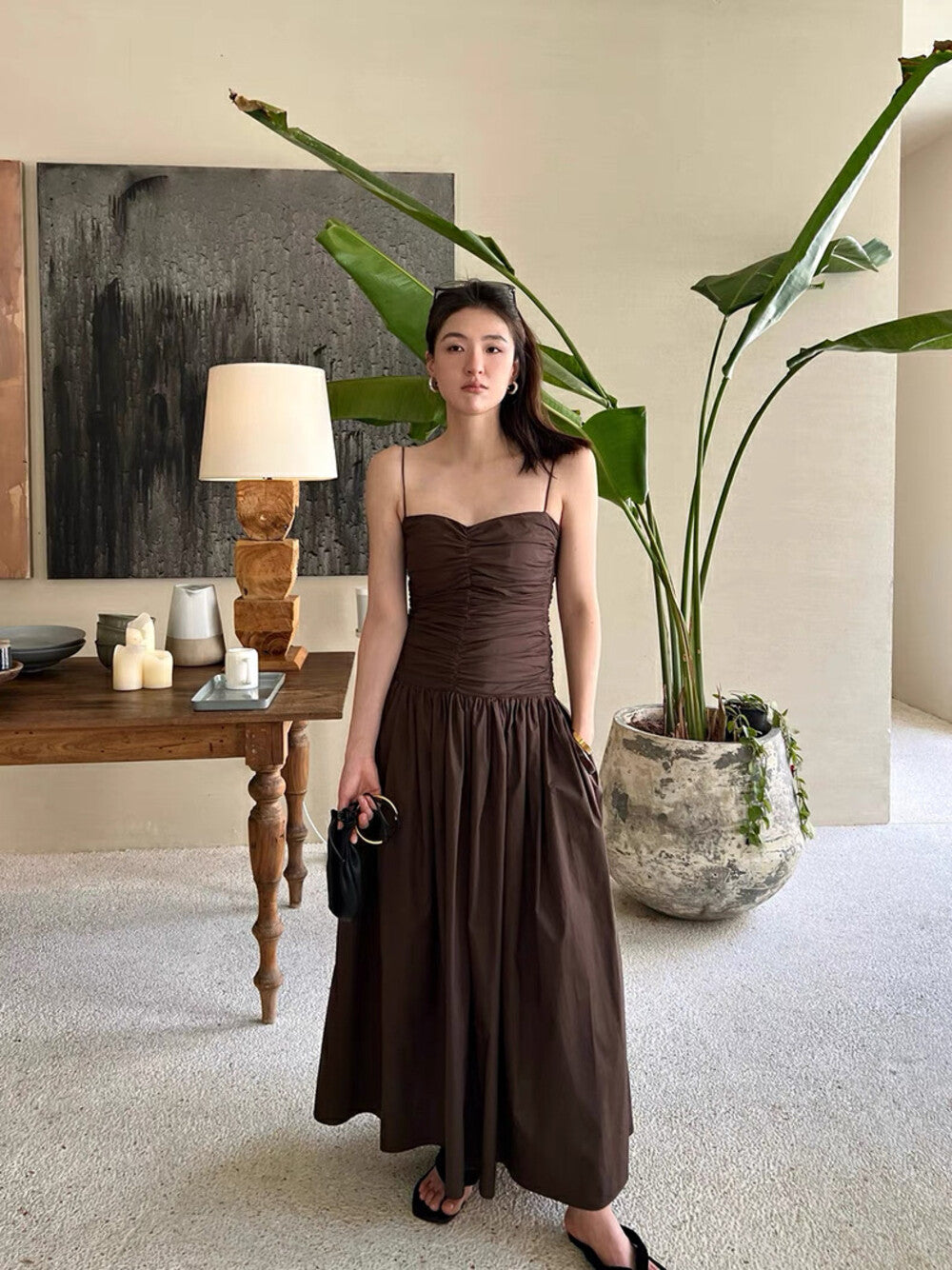 ギャザー入りハイウエストスリムキャミソールワンピース