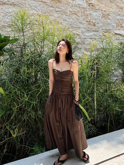 ギャザー入りハイウエストスリムキャミソールワンピース