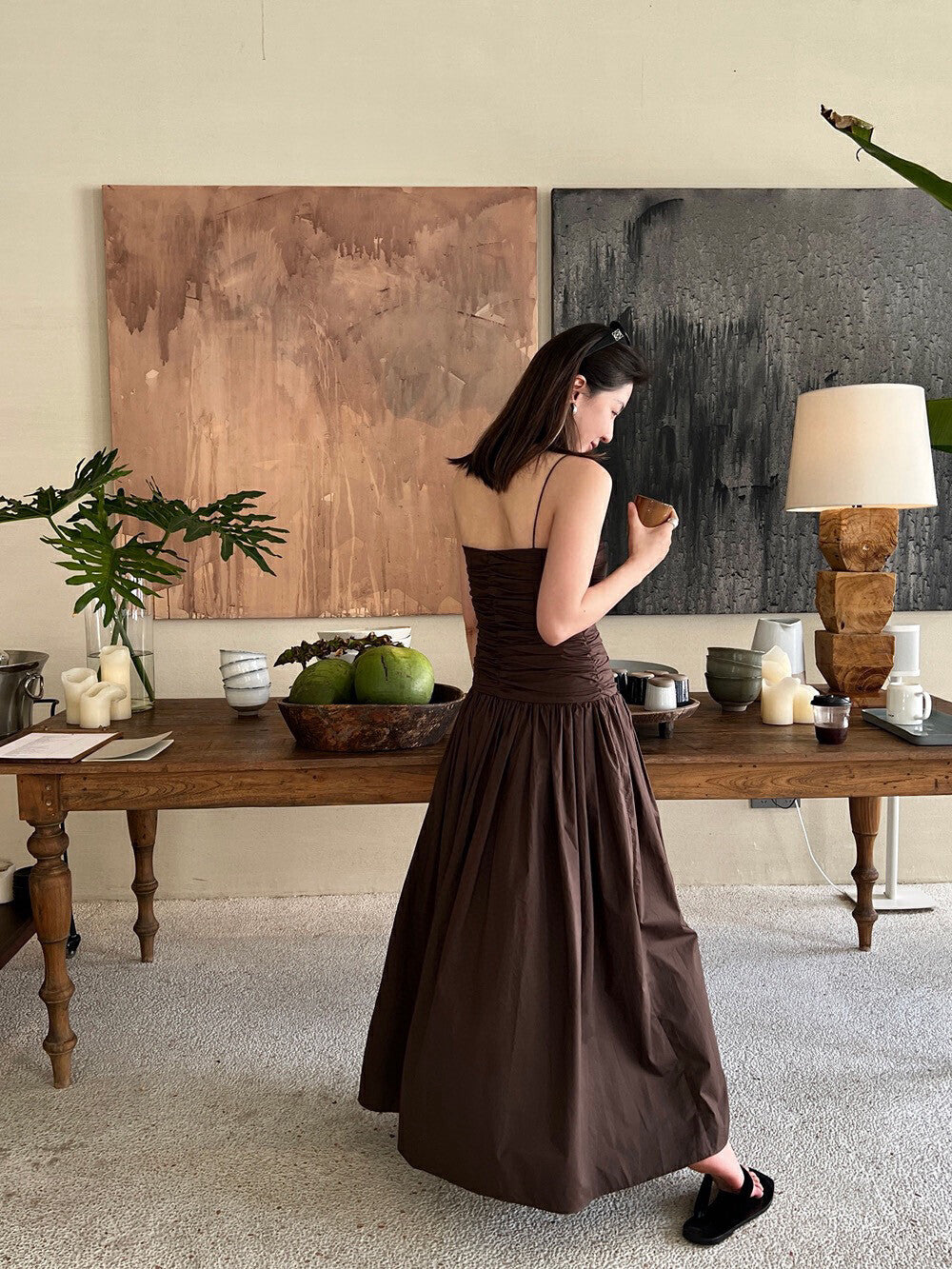 ギャザー入りハイウエストスリムキャミソールワンピース