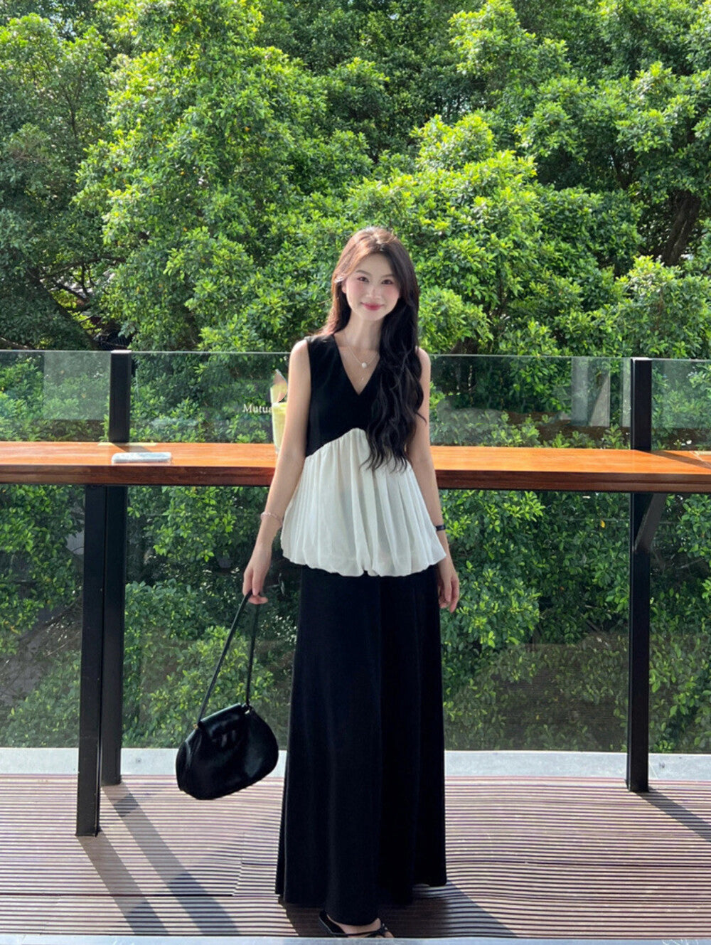 Color-Block Ruffle Peplum Blouse + High-Waisted Back-Slit Skirt Set