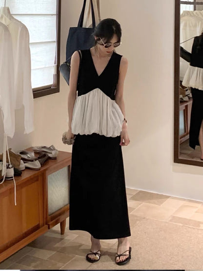 Color-Block Ruffle Peplum Blouse + High-Waisted Back-Slit Skirt Set