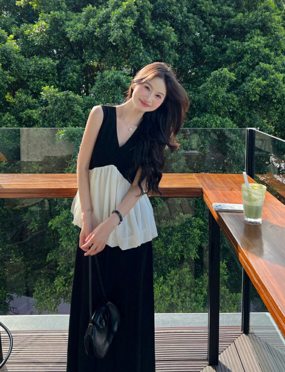 Color-Block Ruffle Peplum Blouse + High-Waisted Back-Slit Skirt Set