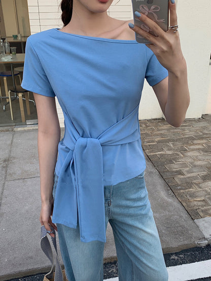 One-Shoulder Belted Short Sleeve Top