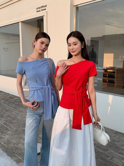 One-Shoulder Belted Short Sleeve Top