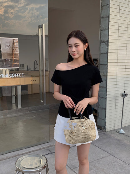 One-Shoulder Belted Short Sleeve Top