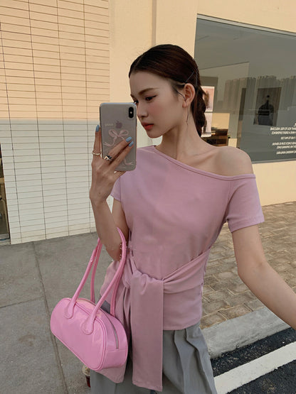 One-Shoulder Belted Short Sleeve Top