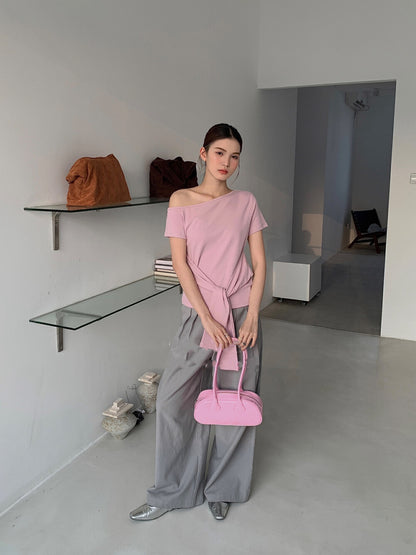 One-Shoulder Belted Short Sleeve Top