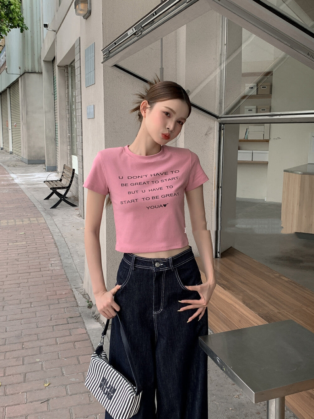 Korean Style Letter Print Crop Top T-Shirt