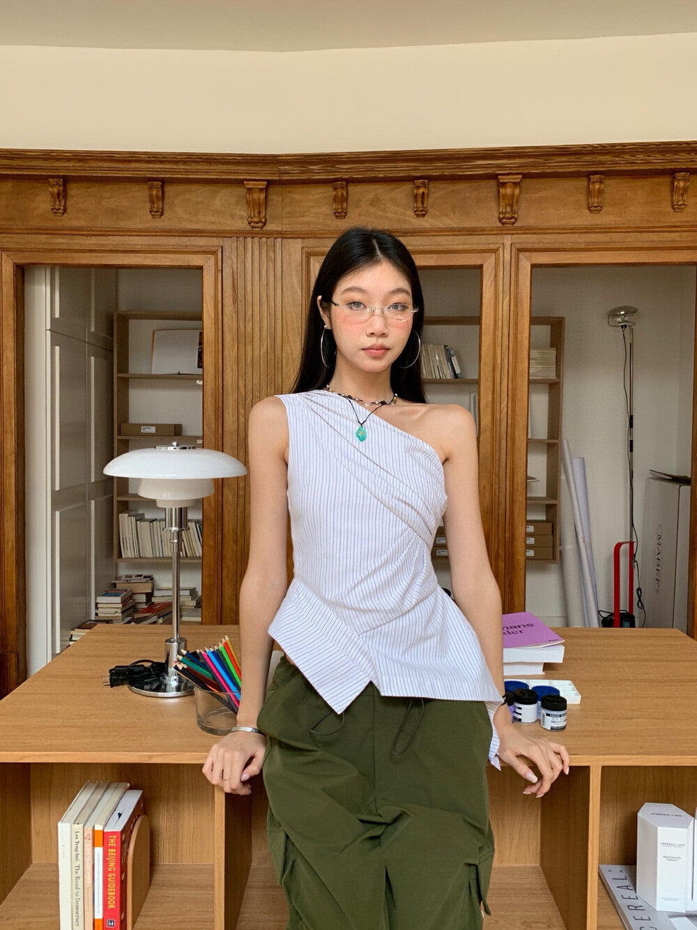 不規則條紋無袖恤衫